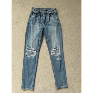 American Eagle Mom Jean Distressed High Rise Medium Wash Denim Size 2 Long